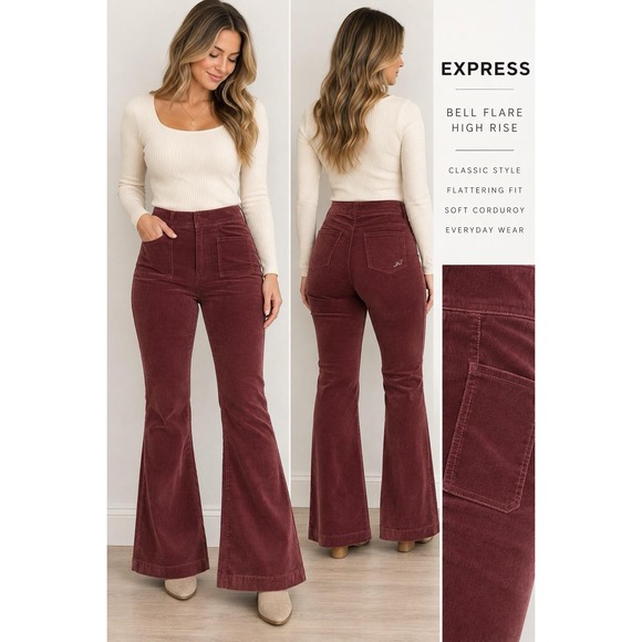 Express Denim - Express Bell Flare Pants Womens 12S Burgundy Corduroy High Rise EXWD-7819 NWT